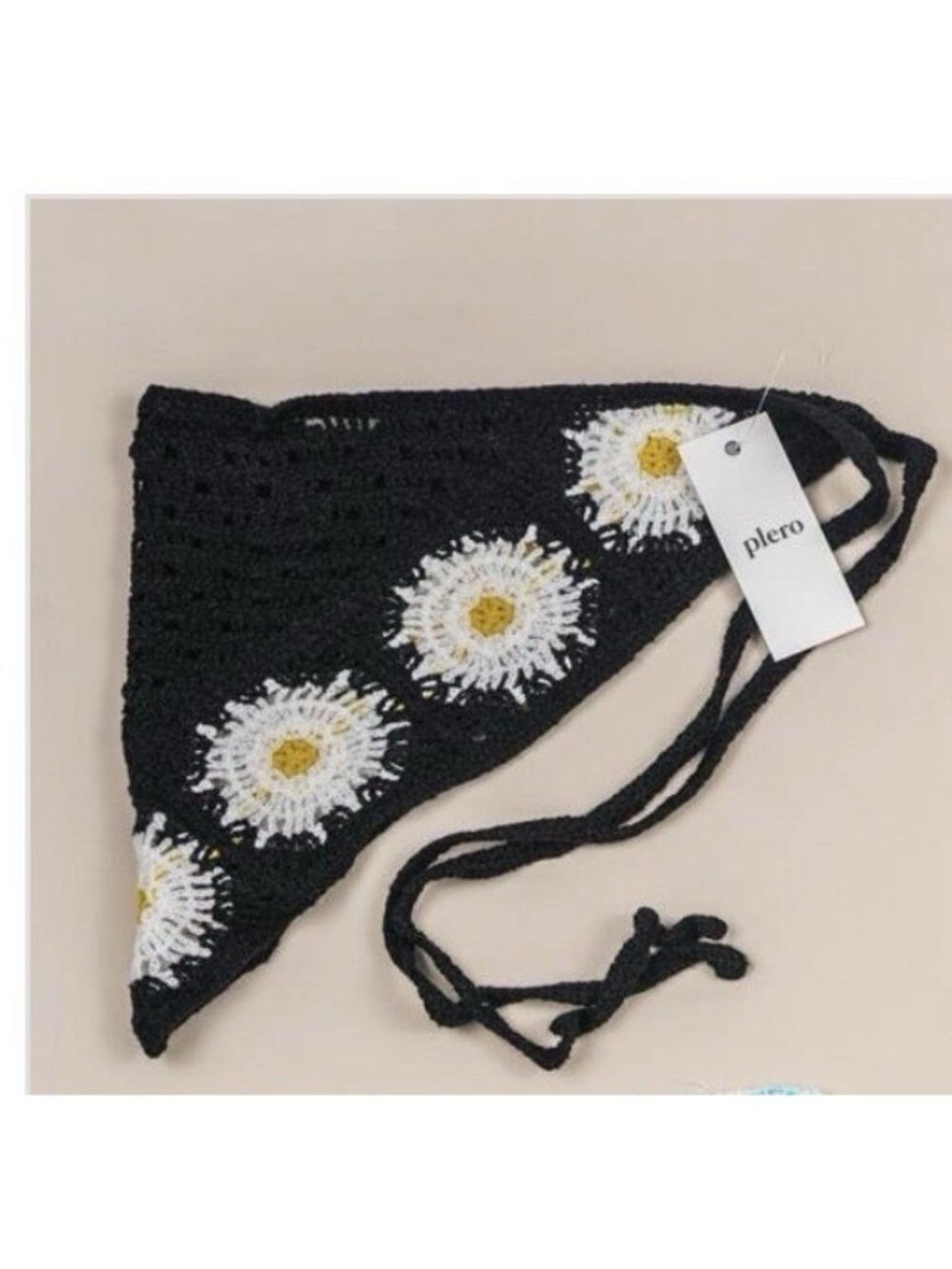 Crochet Bandana Hair Scarf Blk White Floral Cottagecore Hippie Boho Grandmacore